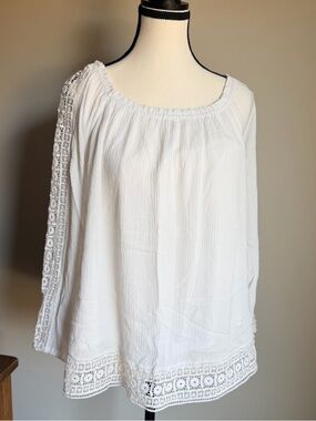 White Crochet-Trim Peasant Top - Women